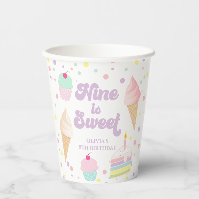 Vasos De Papel Helado y pastel Nine es dulce cumpleaños 9 (Anverso)