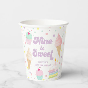 Vasos De Papel Helado y pastel nueve es dulce el noveno cumpleaño