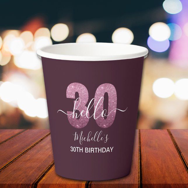 Vasos De Papel Hello 30! Modern 30th birthday Pink glitter (Subido por el creador)