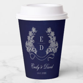 Vasos De Papel Heritage Floral Crest Navy Monogram Wedding