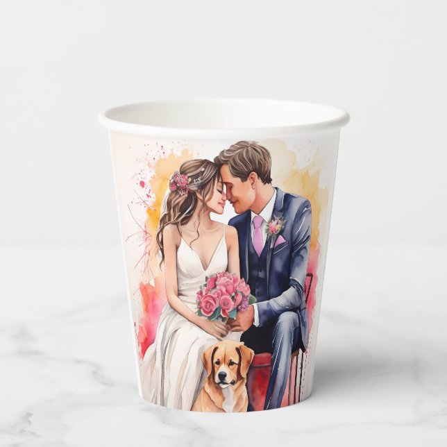 Vasos De Papel Hermosa acuarela de pareja de bodas (Reverso )