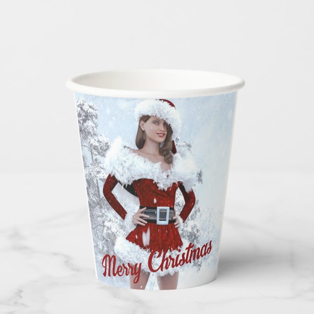 Vasos De Papel Hermosa mujer Navidad por la nieve de invierno (Anverso)