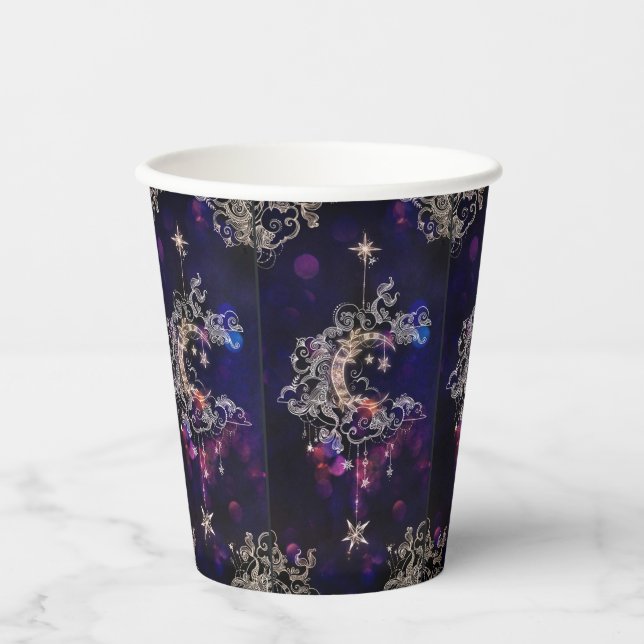 Vasos De Papel Hermosas Estrellas Boho Moon Azul Púrpura (Anverso)