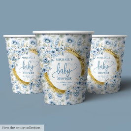 Vasos De Papel Hermosas flores azul polvoriento oro personalizado