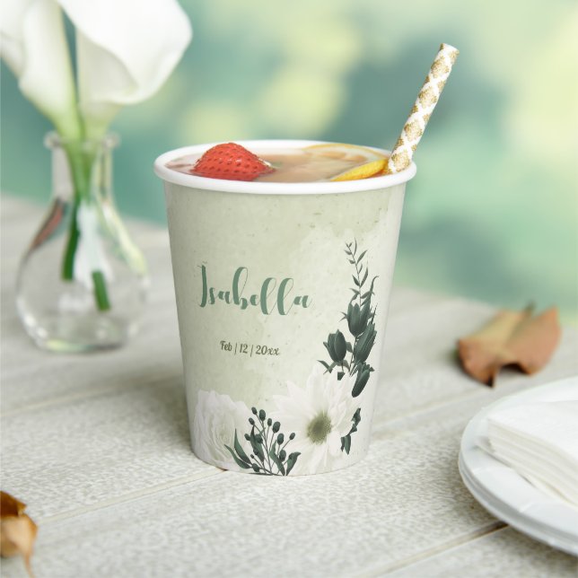 Vasos De Papel Hermosas flores blancas hojas verdes  (in situ)