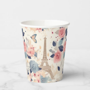 Vasos De Papel Hermosas flores y la Torre Eiffel París