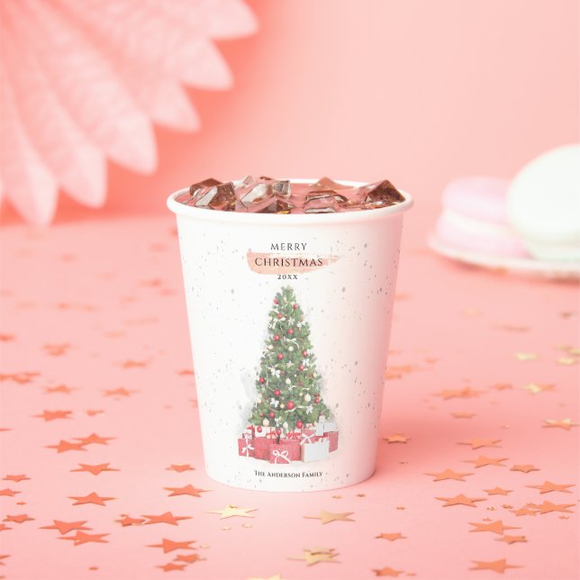 Vasos De Papel Hermoso Árbol de Navidad acuarela Vacaciones arte (in situ)