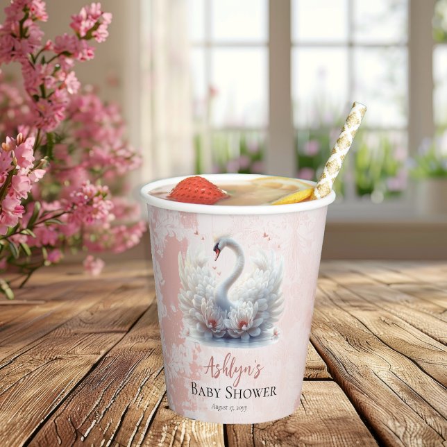 Vasos De Papel Hermoso Chica de Damasco Floral Rosa (Beautiful Swan Pink Floral Damask Girl Baby Shower Paper Cups)