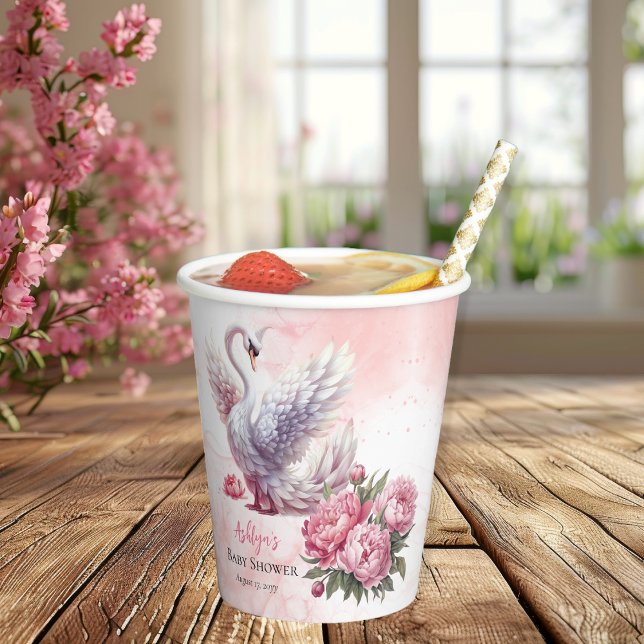 Vasos De Papel Hermoso Chica floral rosa de cisne Baby Shower (Beautiful Swan Pink Floral Peonies Girl Baby Shower Paper Cups)