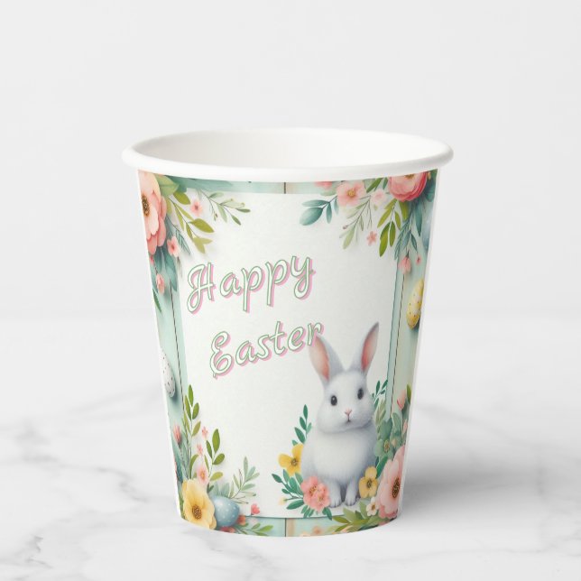 Vasos De Papel Hermoso conejito de Pascua con flores (Anverso)