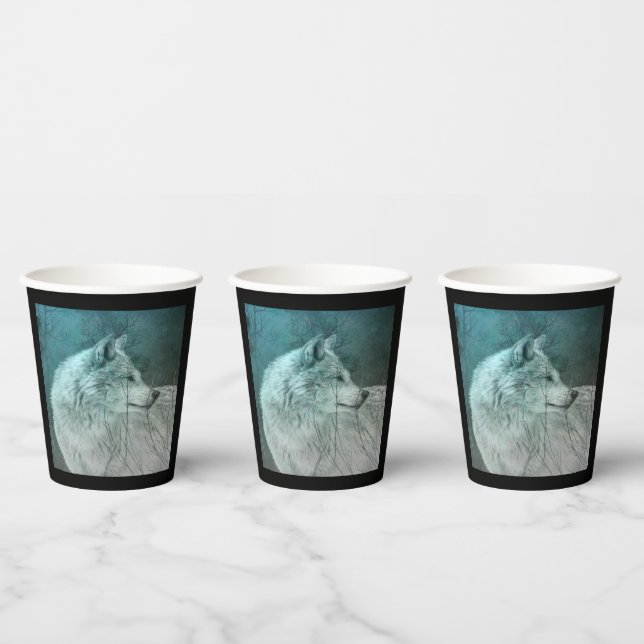 Vasos De Papel Hermoso lobo gris en un bosque oscuro (Multi)