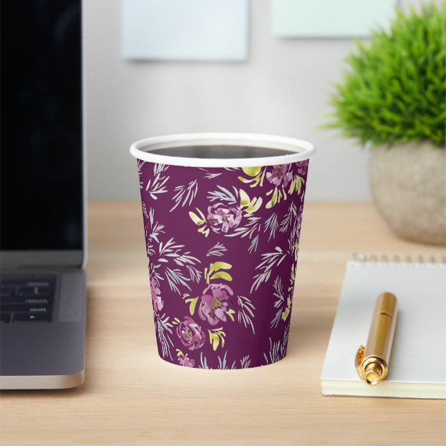 Vasos De Papel Hermoso patrón de flores acuarelas (in situ)