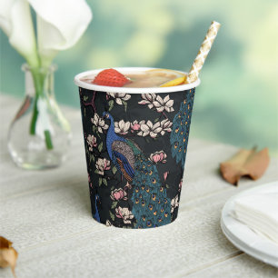 Vasos De Papel Hermosos Pavos Reales Azules y Flores de Magnolia