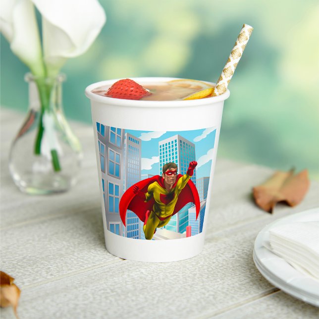 Vasos De Papel Héroe rojo y amarillo estilo cómic de superhéroes  (Subido por el creador)