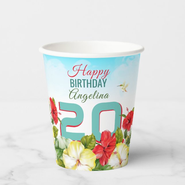 Vasos De Papel Hibiscus Hawaiian Tropical Personalizado Cumpleaño (Anverso)