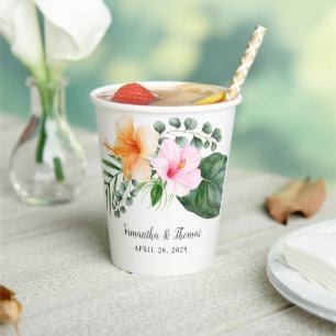 Vasos De Papel Hibiscus tropical acuarela y oliage
