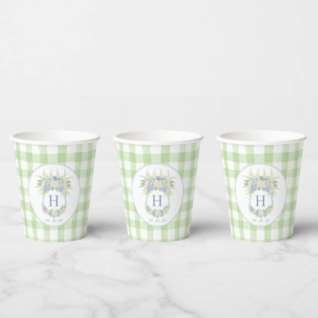 Vasos De Papel Hidrangea azul y blanca Escudo Gingham (Multi)