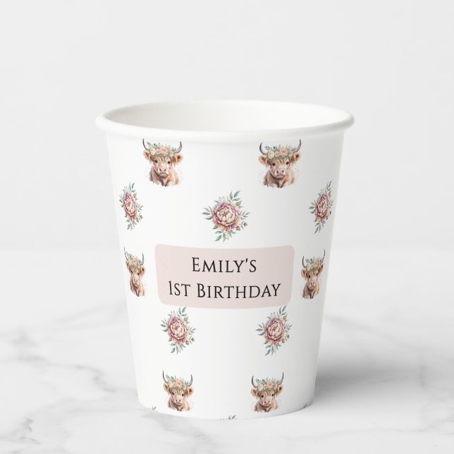 Vasos De Papel Highland Cow Birthday Girl Boho Farm Party (Anverso)