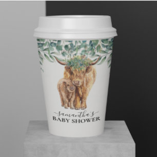 Vasos De Papel Highland Cow Ternero Baby Shower Eucalipto  