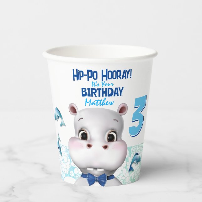 Vasos De Papel Hippo Blue Fish Boy Cumpleaños (Anverso)