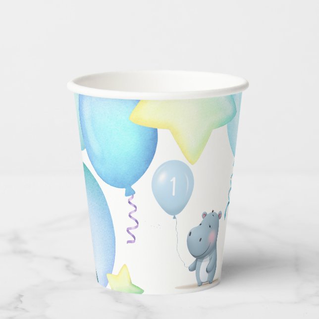 Vasos De Papel Hippo Cumpleaños azul suave (Anverso)