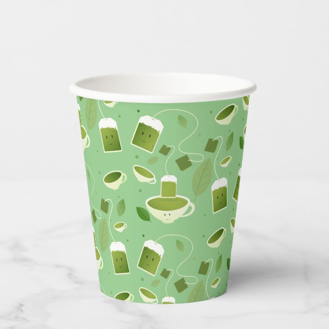 Vasos De Papel Hojas de bolsitas de té verde afinadas (Anverso)
