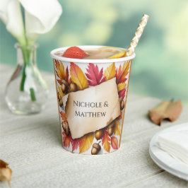 Vasos De Papel Hojas de Otoño y Bellotas Boda Rústica en Acuarela