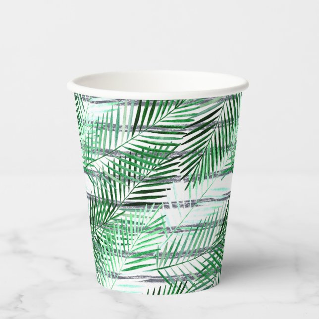 Vasos De Papel Hojas de palma sobre un fondo blanco y negro rayad (Anverso)