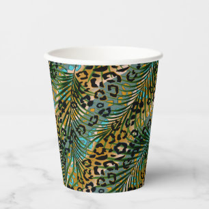 Vasos De Papel Hojas de palma sobre un fondo de leopardo.