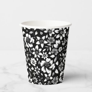 Vasos De Papel Hojas florales modernas de blanco y negro que sopl