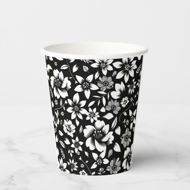 Vasos De Papel Hojas florales modernas negras y blancas que sopla (Anverso)