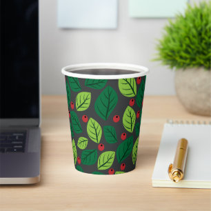 Vasos De Papel Hojas verdes, bayas rojas, patrón de hojas