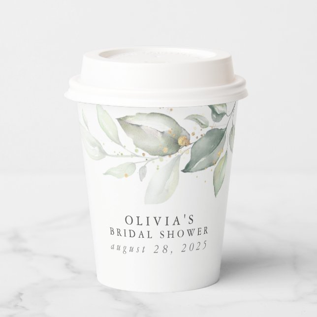 Vasos De Papel Hojas verdes de acuarela elegantes modernas (Izquierda)