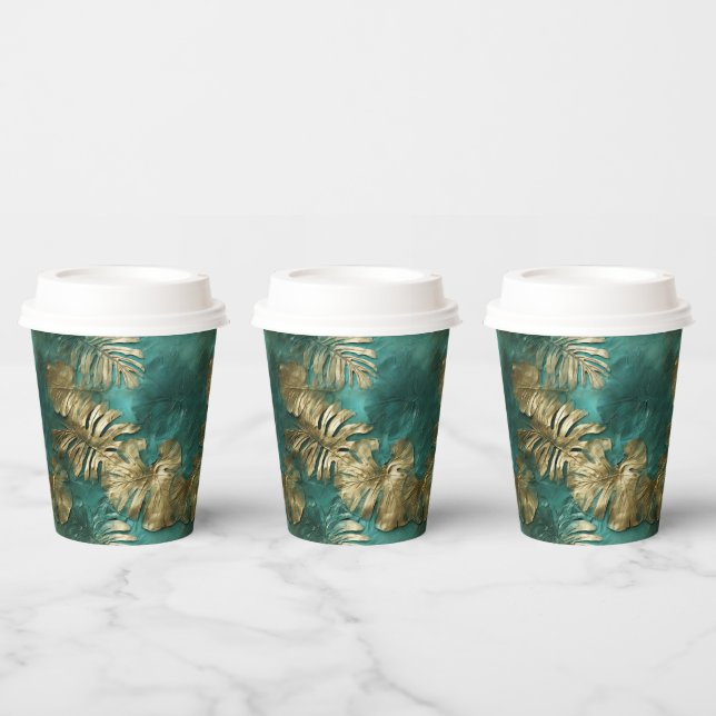 Vasos De Papel Hojas verdes esmeraldas de oro tropical (Multi)