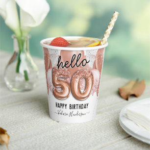 Vasos De Papel Hola 50 globos de cumpleaños de Purpurina rosa
