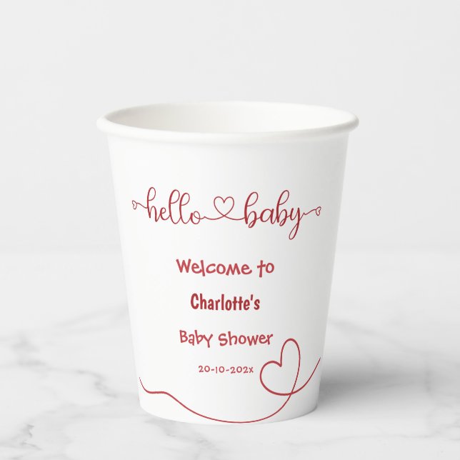 Vasos De Papel Hola Baby Red Heart Minimal Baby Shower (Anverso)