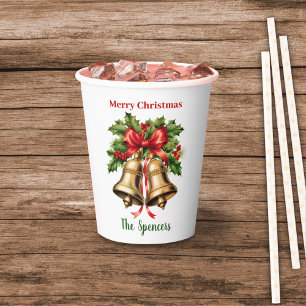 Vasos De Papel Holly Leaves y Berries Gold Bells Feliz Navidad