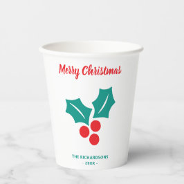 Vasos De Papel Holly Merry Christmas Red White Green Custom Name