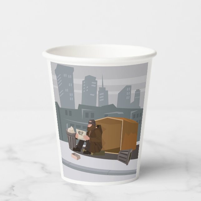 Vasos De Papel Homeless Man Holding Help Sign Urban Poverty (Anverso)