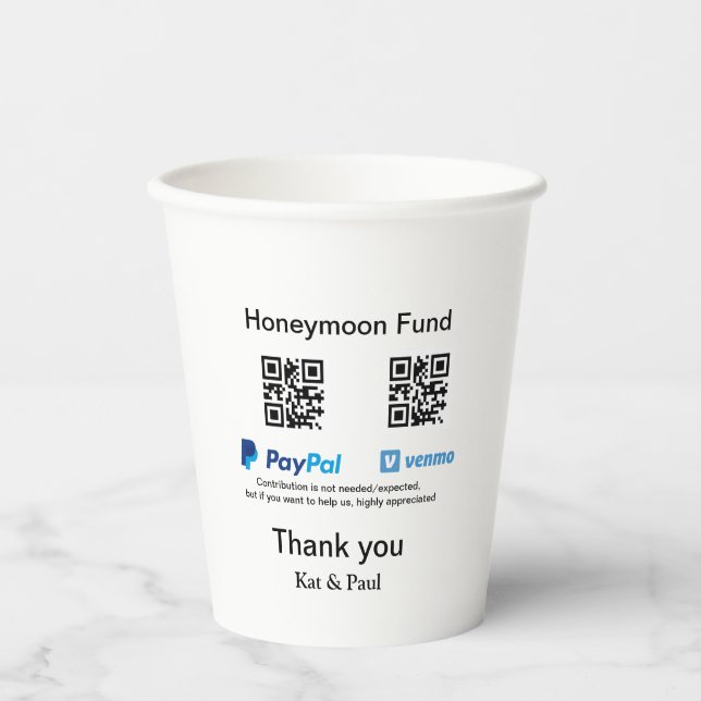 Vasos De Papel Honeymoon Fund PayPal Venmo código QR gracias (Anverso)
