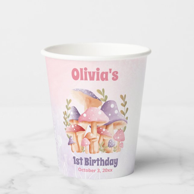 Vasos De Papel Hongos morados rosados caen en las tazas de papel  (Anverso)