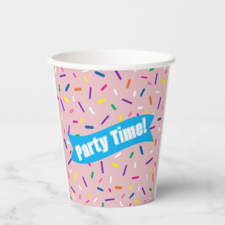 Vasos de papel 'Hora de fiesta' con sprinkles rosa