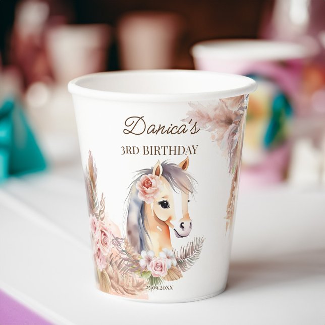 Vasos De Papel Horses pony temática fiesta de cumpleaños (Horses pony themed birthday party tableware  paper cups cute baby horse pampas grass boho flowers)
