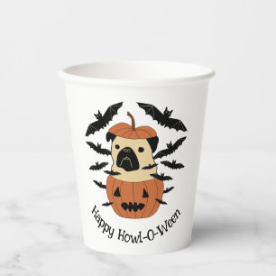 Vasos De Papel Howl-O-Ween Pug en una linterna Jack-O con murciél