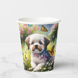 Vasos De Papel Hund in Blumenwiese mit Schmetterlingen
