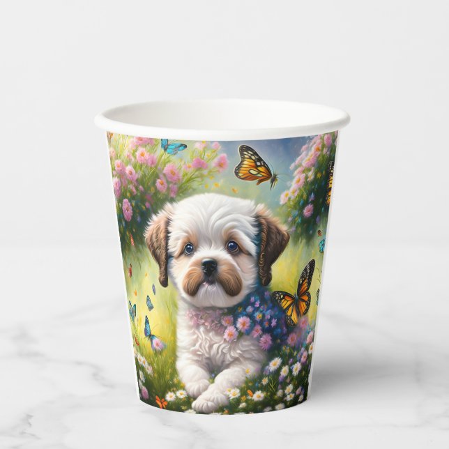 Vasos De Papel Hund in Blumenwiese mit Schmetterlingen (Anverso)