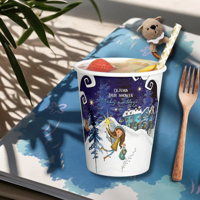 Vasos De Papel Ice Blue Winter Village Baby Shower | Flying Fairy (Ice Blue Winter Village Baby Shower  Flying Fairy Paper Cups)