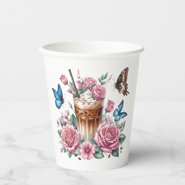 Vasos De Papel Iced Coffee & Butterfly Floral Art (Anverso)