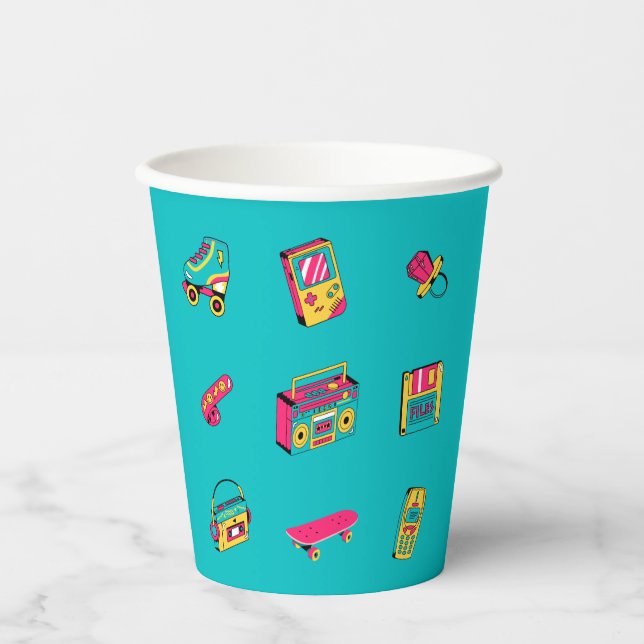 Vasos De Papel Icónico 90's - divertido tema retro fiesta (Anverso)
