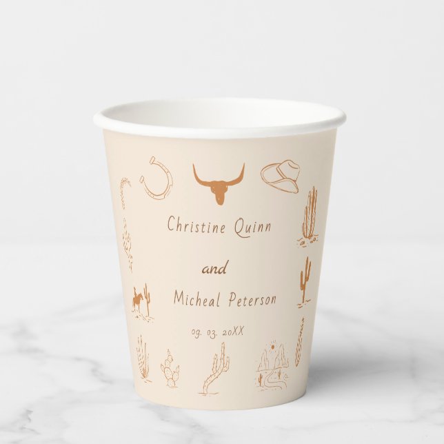 Vasos De Papel Ilustración de boda vaquera occidental boho (Anverso)